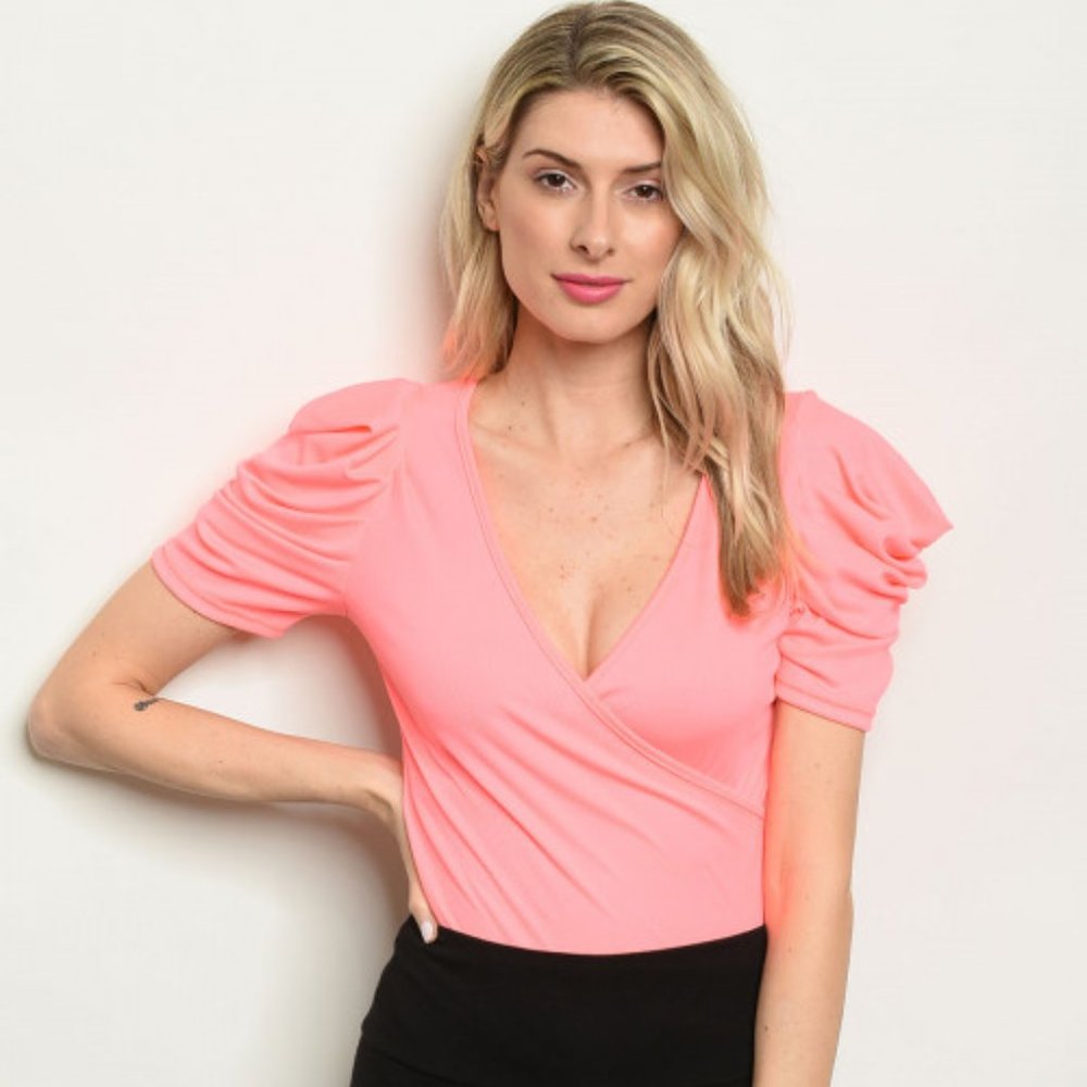 Glowing Puff Sleeve Ribbed Hot Pink Bodysuit - Picture 2 of 4